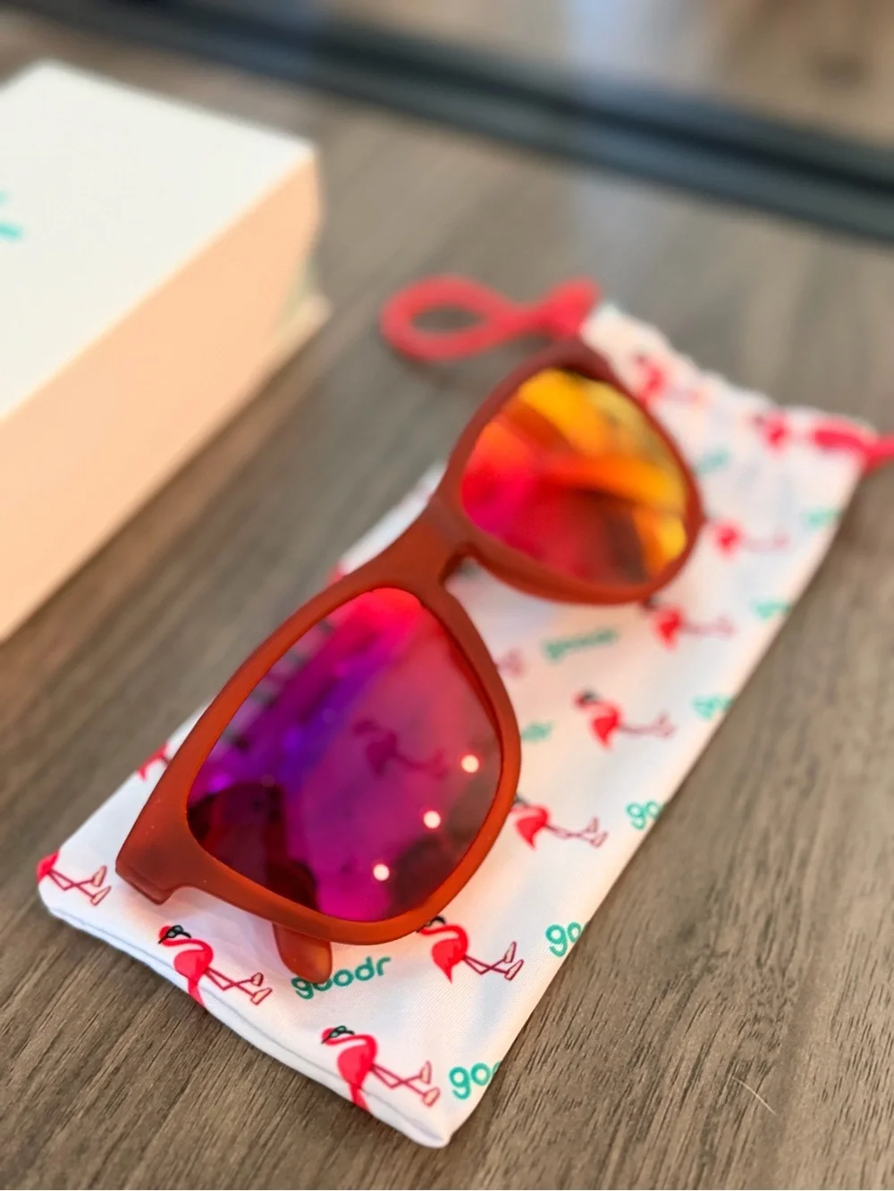 goodr Women’s Red Frame Sunglasses with Pink Mirrored Lenses